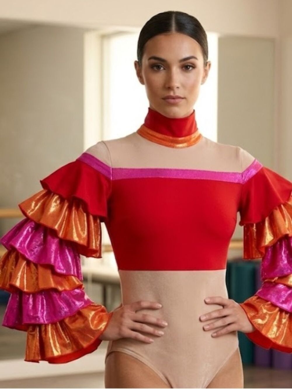 Spirit Innovations Vibrant Tiered Ruffle Sleeve Dance Costume Leotard - Size XS